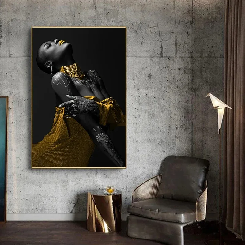 

African Woman Canvas Poster Black and Gold Sexy Art Painting Living Room Wall Decor Black Woman Gold Jewelry Home Picture
