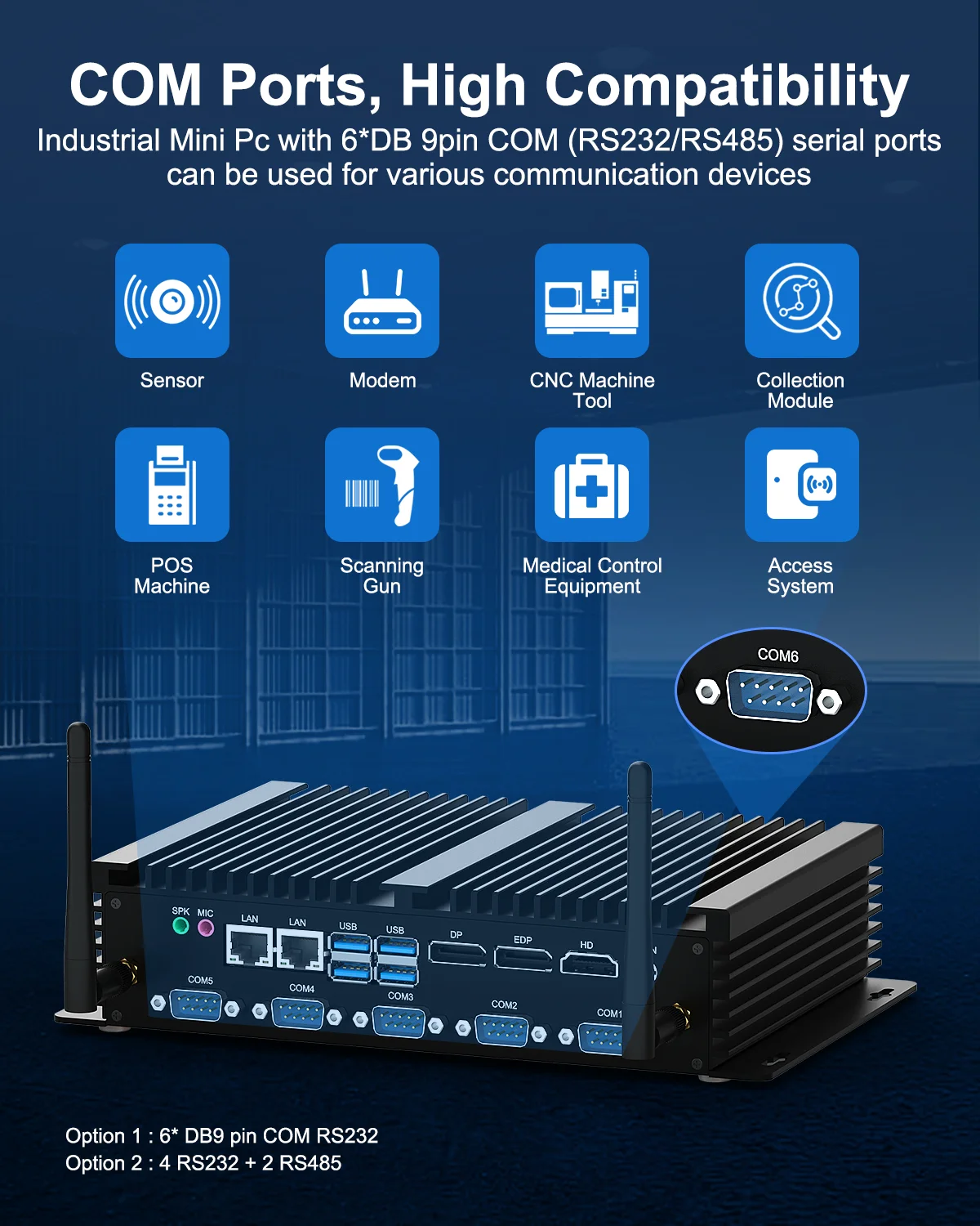 HYSTOU Fanless Mini PC 6×COM Industrial Box Computer Compact Windows 11 Intel Core Quad CPU free shipping i5 8250U i7 8550U