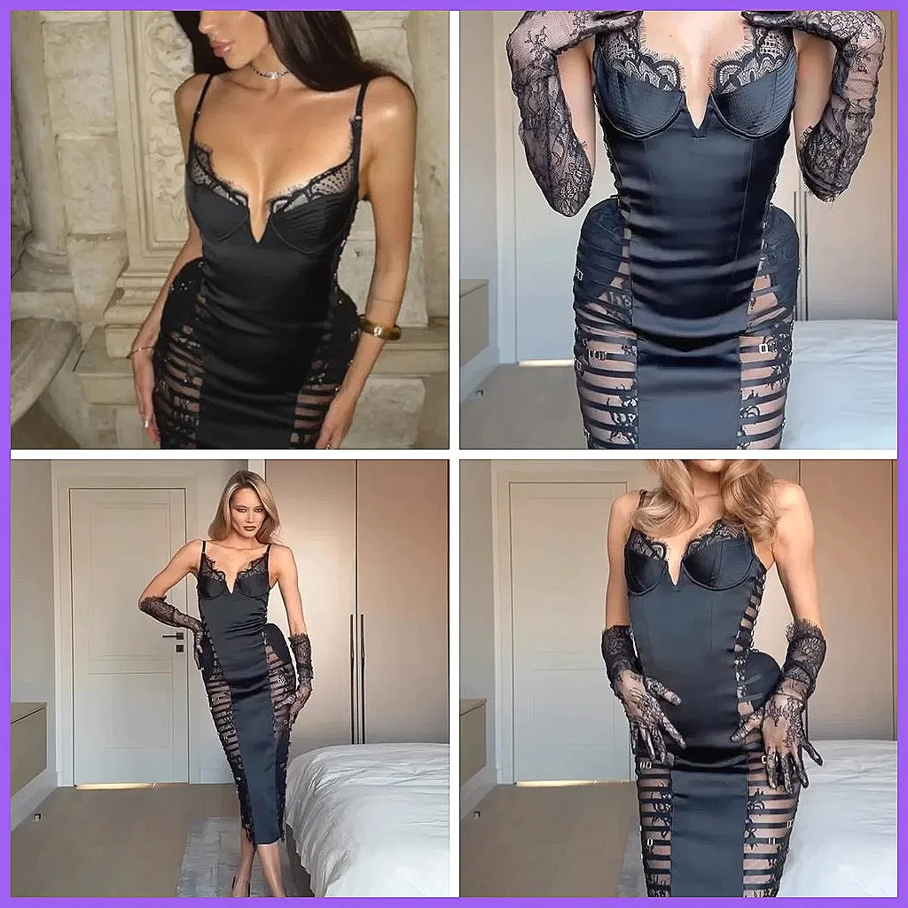 

Sexy Black Satin Midi Dress with Lace Trim & Deep V-Neck, Sheer Mesh Bodycon Party Club Gown