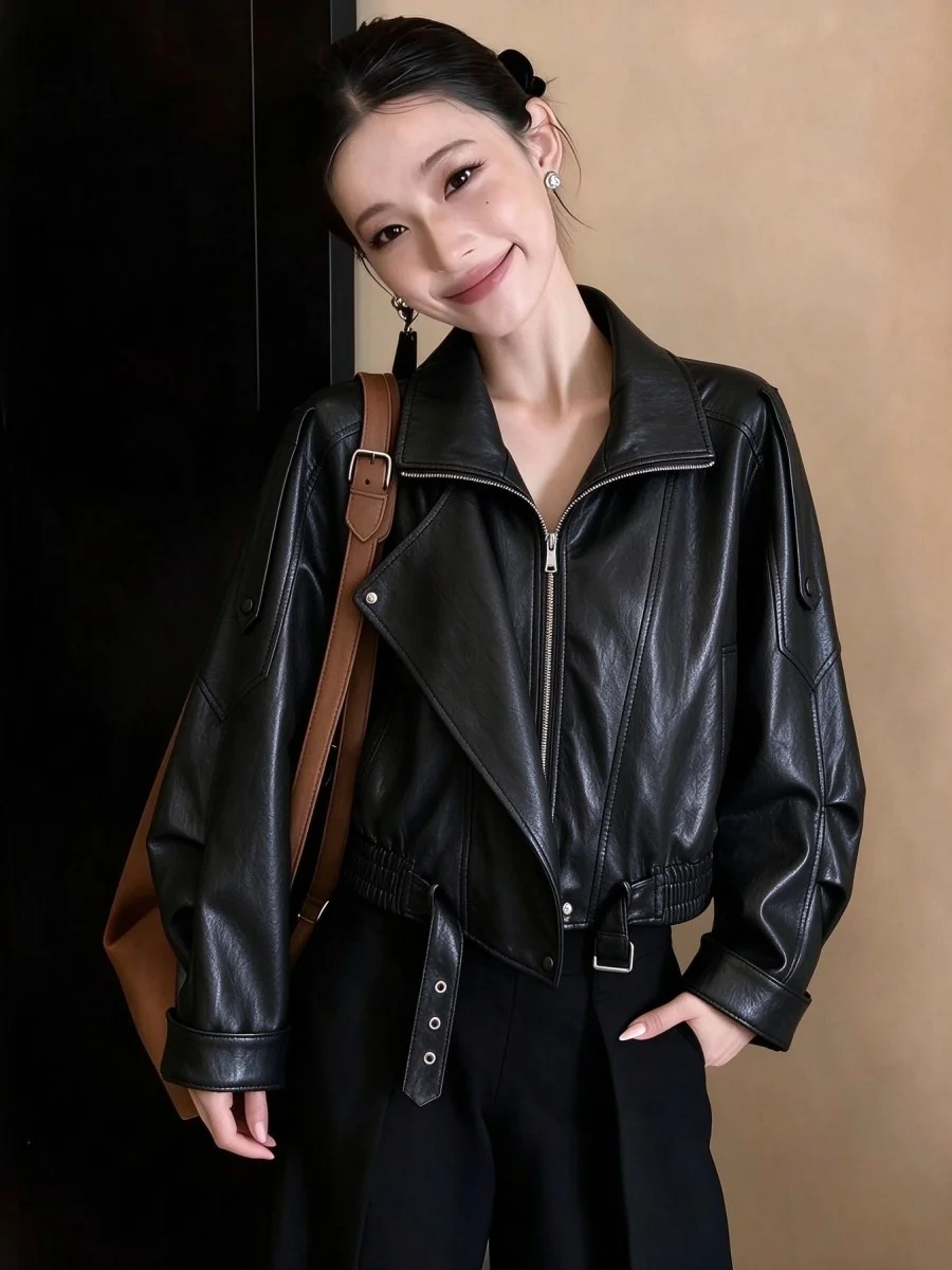 Cool Short PU Leather Jacket Women's Zipper Motorcycle Clothes Street Style Warmth Straight Tube Type Long Sleeve Pure Color