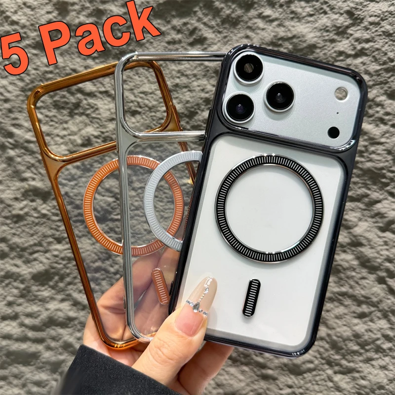 

5Pcs Plating Clear Phone Case For iPhone XR 11 Xs max to 17 Pro max For Magsafe Wireless Charging Glass Lens Film Protect Cover