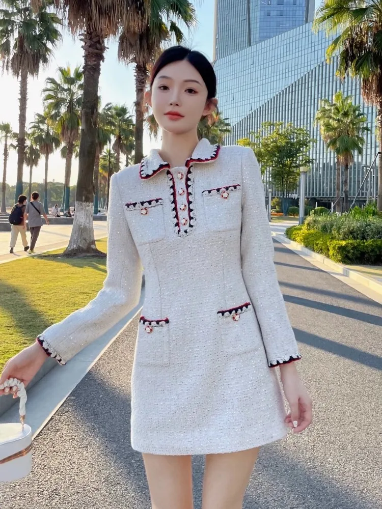 Office Ladies Slim Fit Elegant Tweed Dress Long Sleeve Spring Autumn Short A-Line Dresses Lapel High Waist Women Fashion Dress