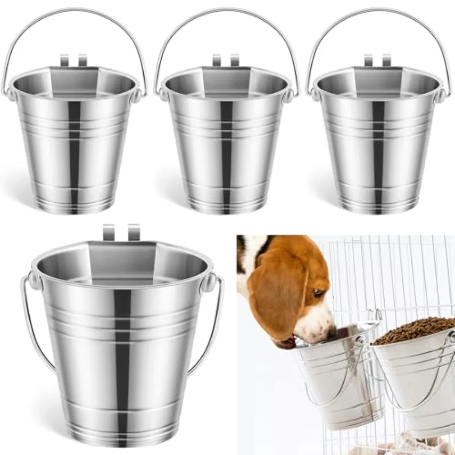 

4 Pcs Flat Sided Pail with Dual Hooks Stainless Steel Flat Back Bucket Dual Hooks Hanging Dog Water Bucket Metal for Dog Cat Cr