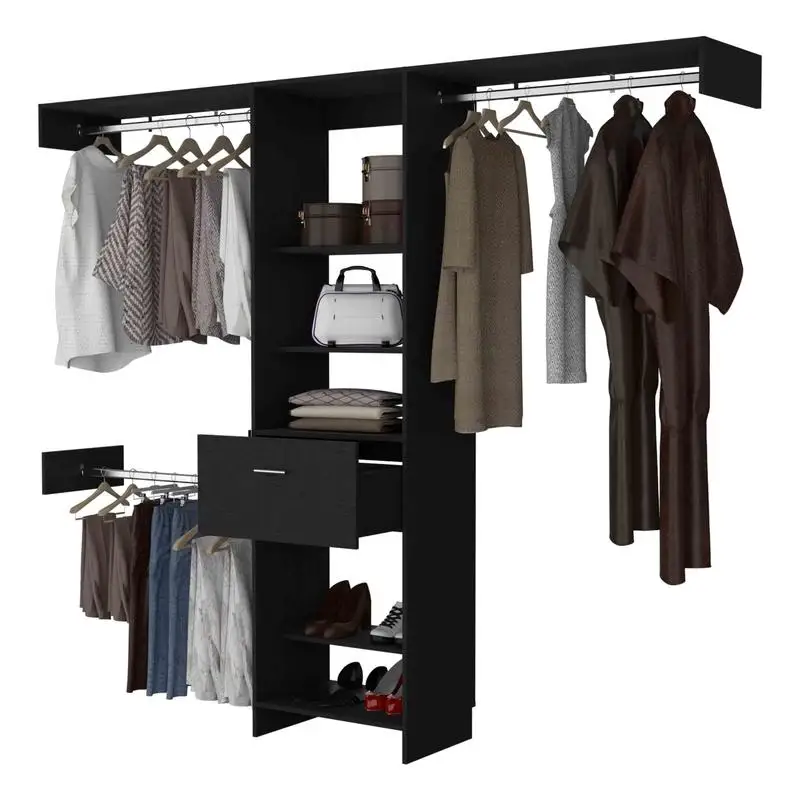 Cross Closet System with 1 Drawer, 3 Metal Rods & 5 Open Shelves for Organized Storage