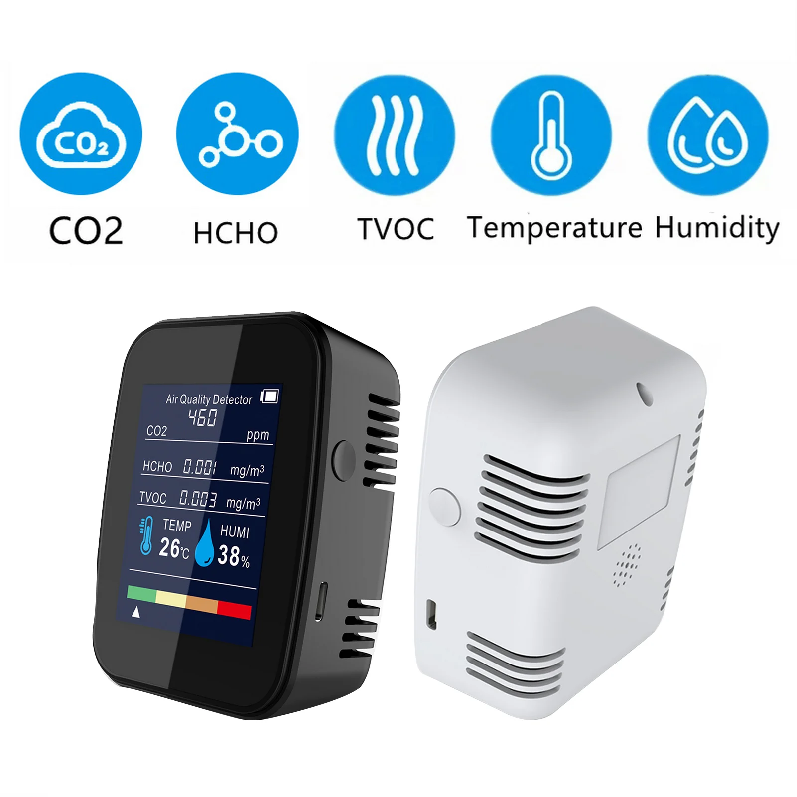 

Multifunctional 5in1 CO2 Meter Digital Temperature Humidity Tester Carbon Dioxide TVOC HCHO Detector Air Quality Monitor