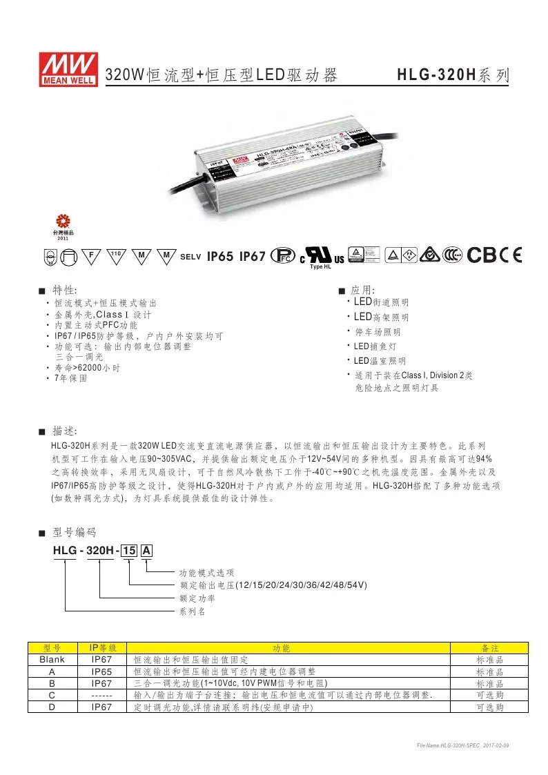 Taiwan Mingwei Waterproof PFC Wire-controlled Dimming LED Power Supply HLG-320H-36B 320W 36V8.9A New