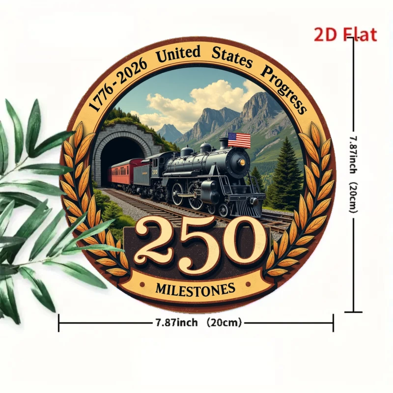 2D Flat Metal Sign, 1776-2026 America Progress Train & Mountains, 250 Milestones, Vintage Americana Round Shape, Home Decor Offi