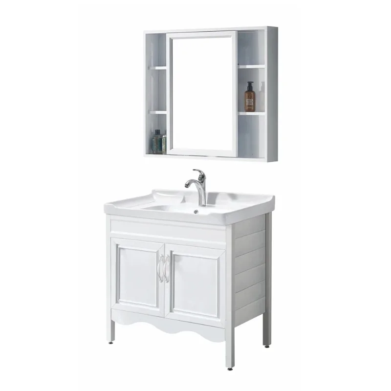 Luxury White Bathroom Vanity Cabinet With Sink Floor Mounted Corner PVC Bathroom Vanities