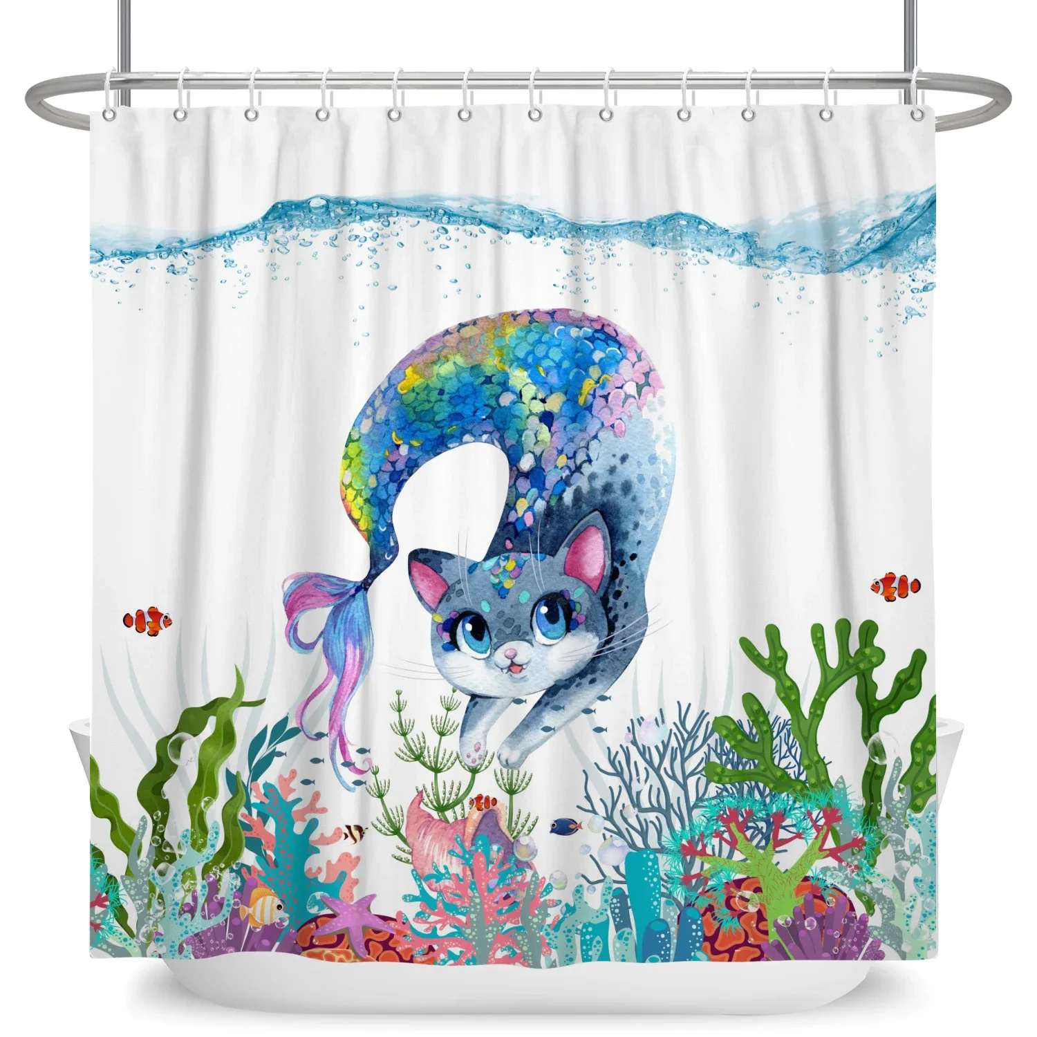 Mermaid Shower Curtains Seabed Coral Painting Girl's Room Art Curtains Partition Curtain For Bathroom Decor Curtain With Hooks