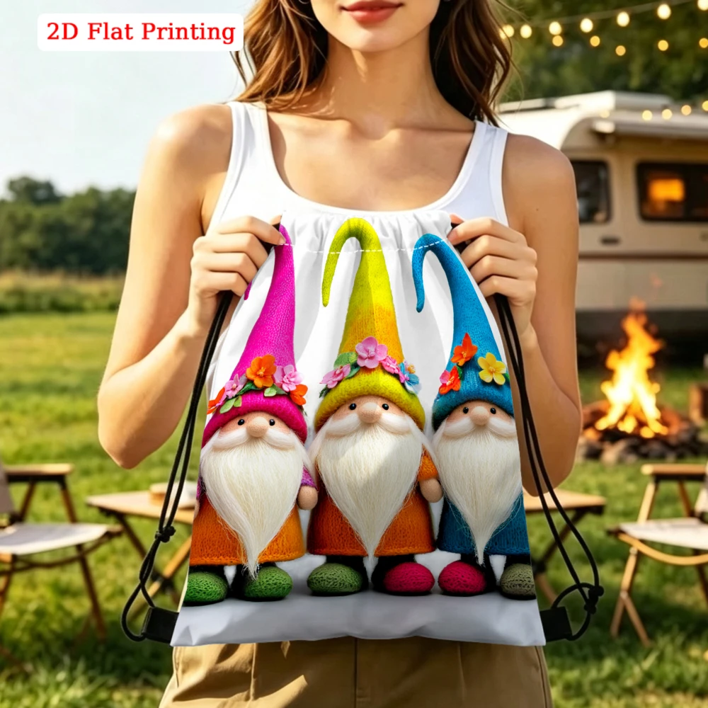 Cartoon 2D Flat Print Three Gnomes Pattern Drawstring Backpack, Fitness Sports Outdoor Travel Bag