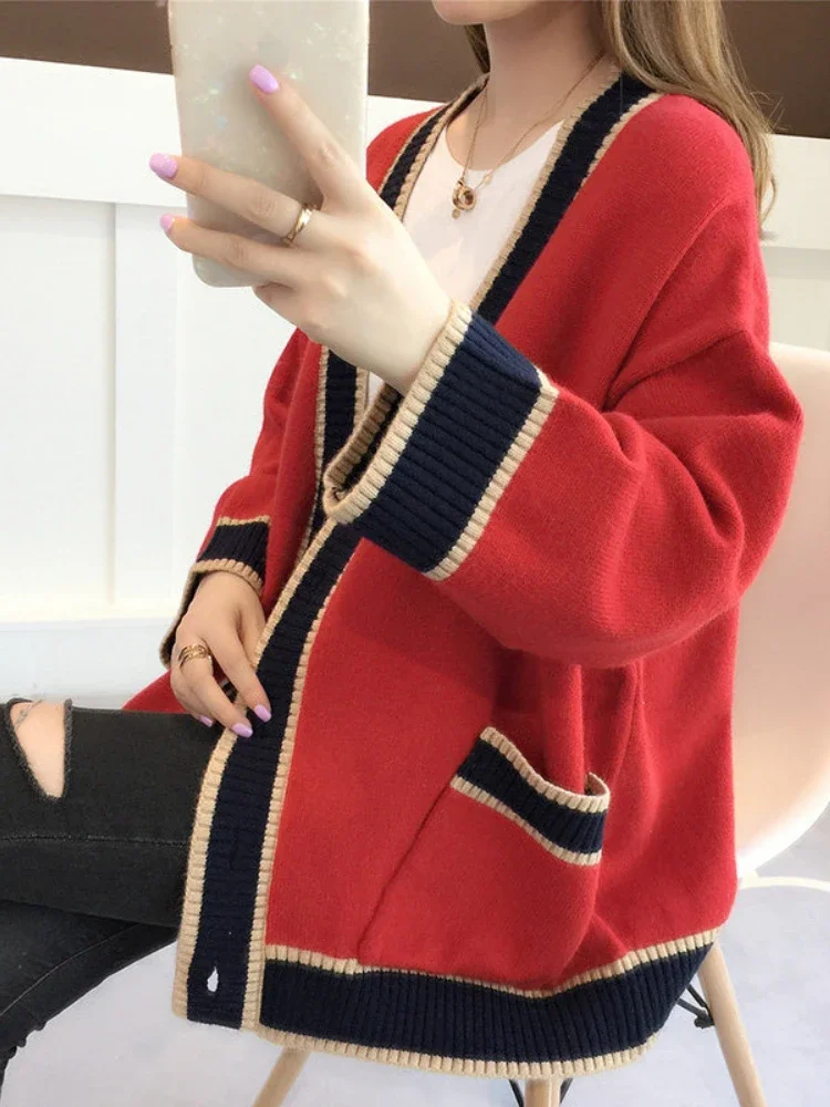 Women\'s Cardigan Knitted Korean Fashion Stripe Wool Sweater for Women Winter Long Sleeve V-neck Casual Knitwear Coats Female