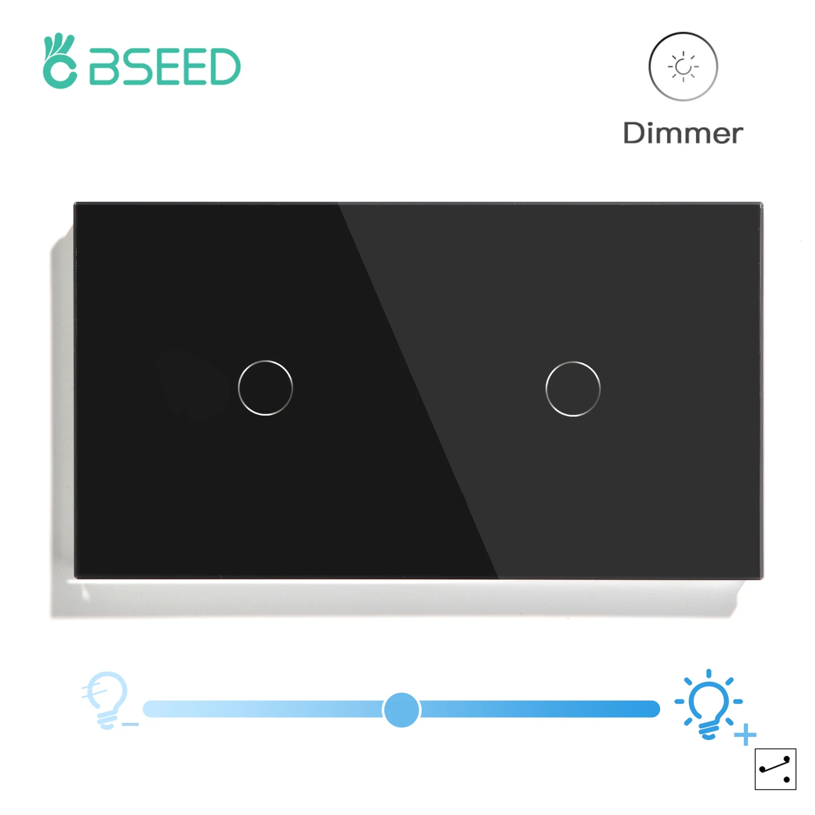 BSEED Wall Touch Switches LED Dimmer Switches 2Gang 1/2Way EU Standard Blue Backlight Crystal Panel 157mm 10A