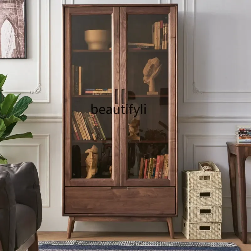 C Nordic Solid Wooden Bookcase Floor Combination Cabinet Black Walnut Wooden Bookcase Multi-Layer Grid Cabinet