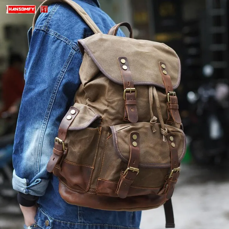 New Canvas Fight Leather Men Backpack Large Capacity Waterproof Travel Backpacks Multi-function Military Retro Motorcycle Bags