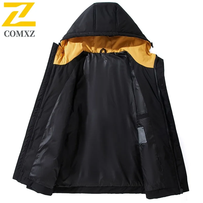 COMXZ الرجال أسفل سترة الأزياء هود في الهواء الطلق مكتب يندبروف معطف دافئ الأعمال عارضة مريحة خفيفة الوزن الشتاء البخاخ معطف