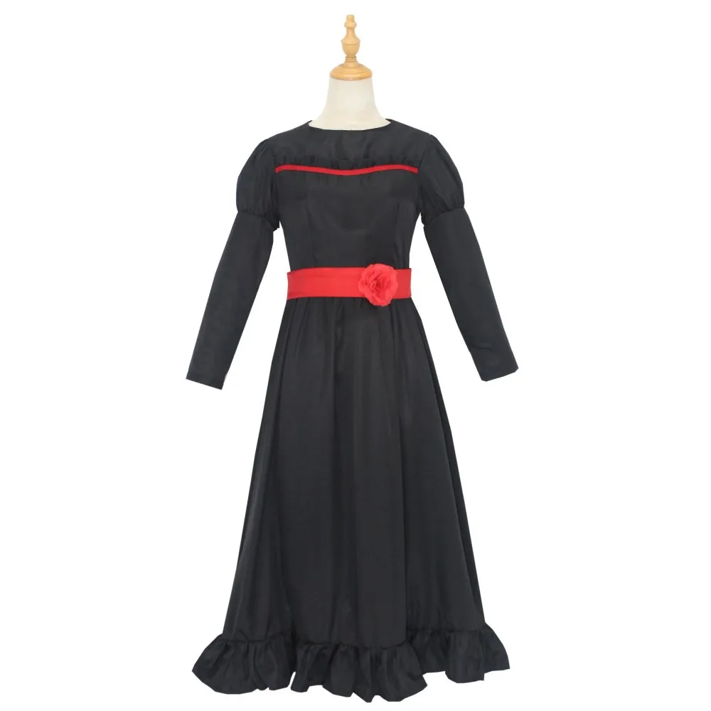 ANNA cosplay dress black and white two tone soul summoning horror doll costume long sleeved red rose waist cinching long skirt H view 5