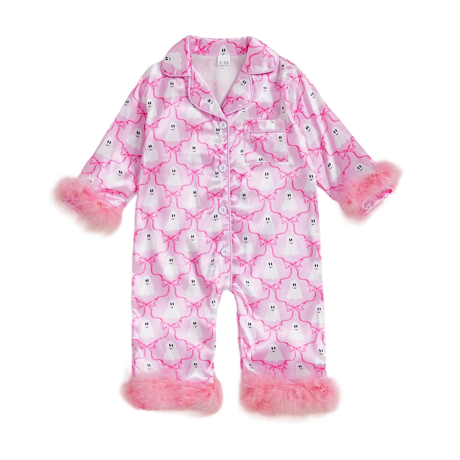 

Baby Girls Halloween Pajamas Feather Cuffs Pumpkin Ghost Print Button up Long Sleeves Jumpsuit for Loungewear Sleepwear