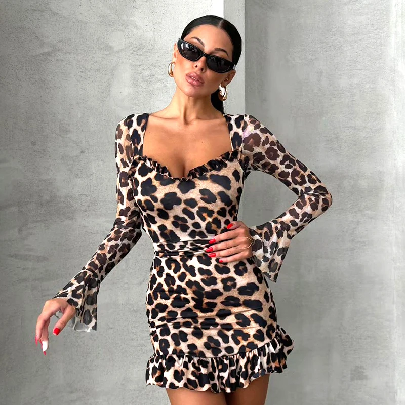 CUTENOVA 2024 Autumn New Dress Mesh Patchwork Leopard Printed Flare Long-Sleeved Waisted Sexy Package Hip Short Dresses Y2K