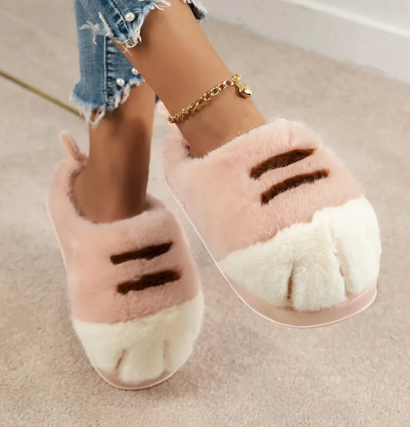 New Adorable Kitty Claw Slippers Women's Home Shoes Non Slip Furry Mules Female Fashion Warm Fluffy Slides Outdoor Cat Slippers image 3