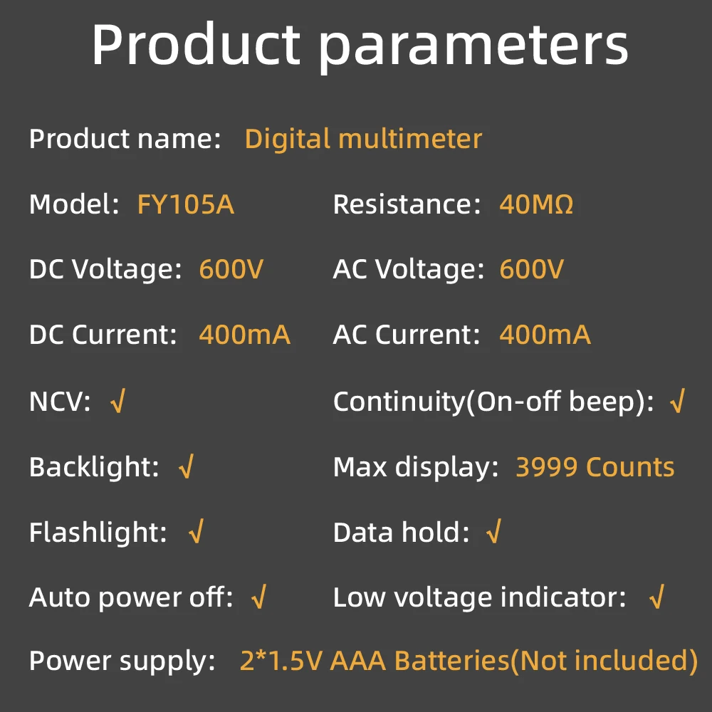 MASTFUYI Professional Digital Multimeter 600V/400mA AC/DC Voltage Current Auto-Range Volt/Amp/Ohm/NCV Tester Tools