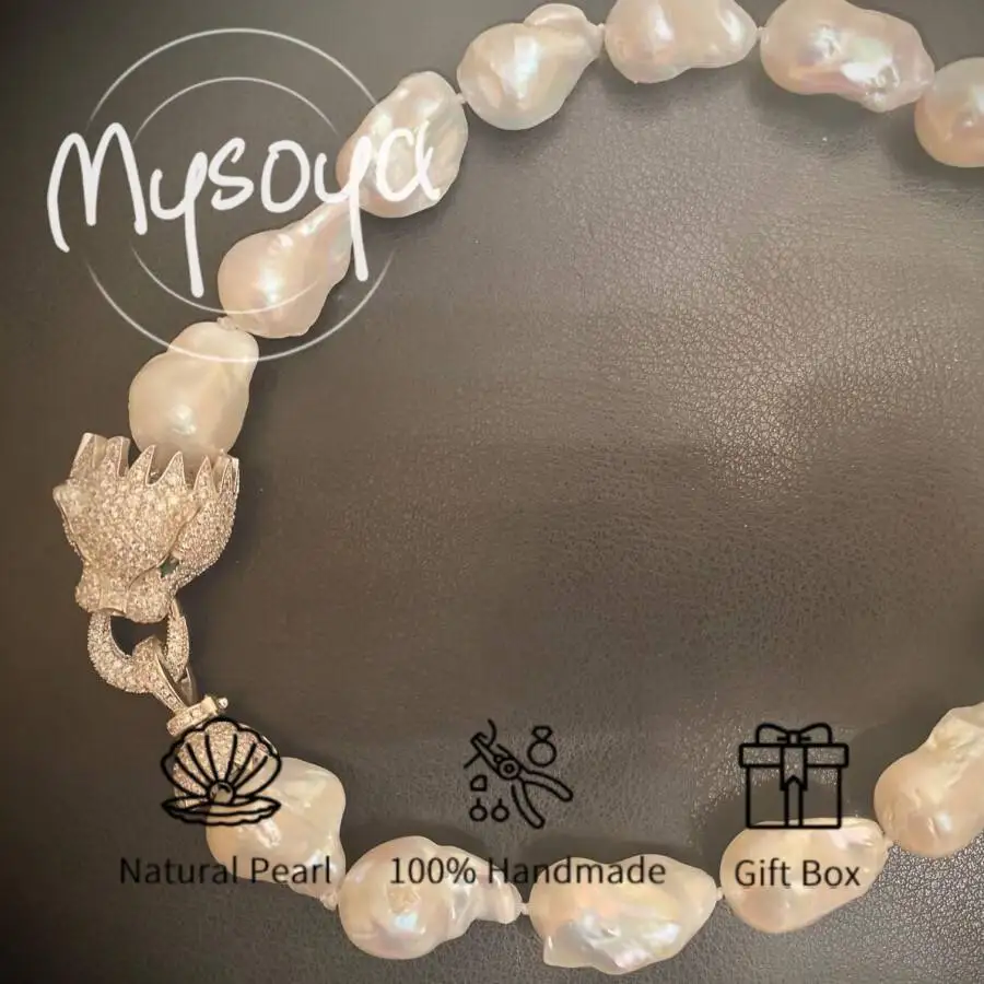 

MYSOYA 12-14mm Large Natural White Baroque Pearl Necklace Green Eye Leopard Clasp Gift Box Birthday Wedding Jewelry Gift