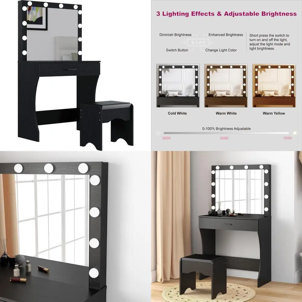 

illuminated makeup vanity desk with adjustable lighting and storage drawer