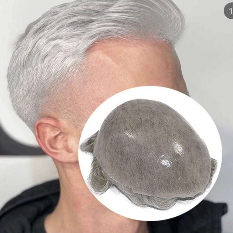 Grey black #1B80 #1B40 #1B65  Mens Toupee V Loop Thin Skin 0.06mm Full PU 100% Human Hair Wig Replacement Capillary Prosthesis