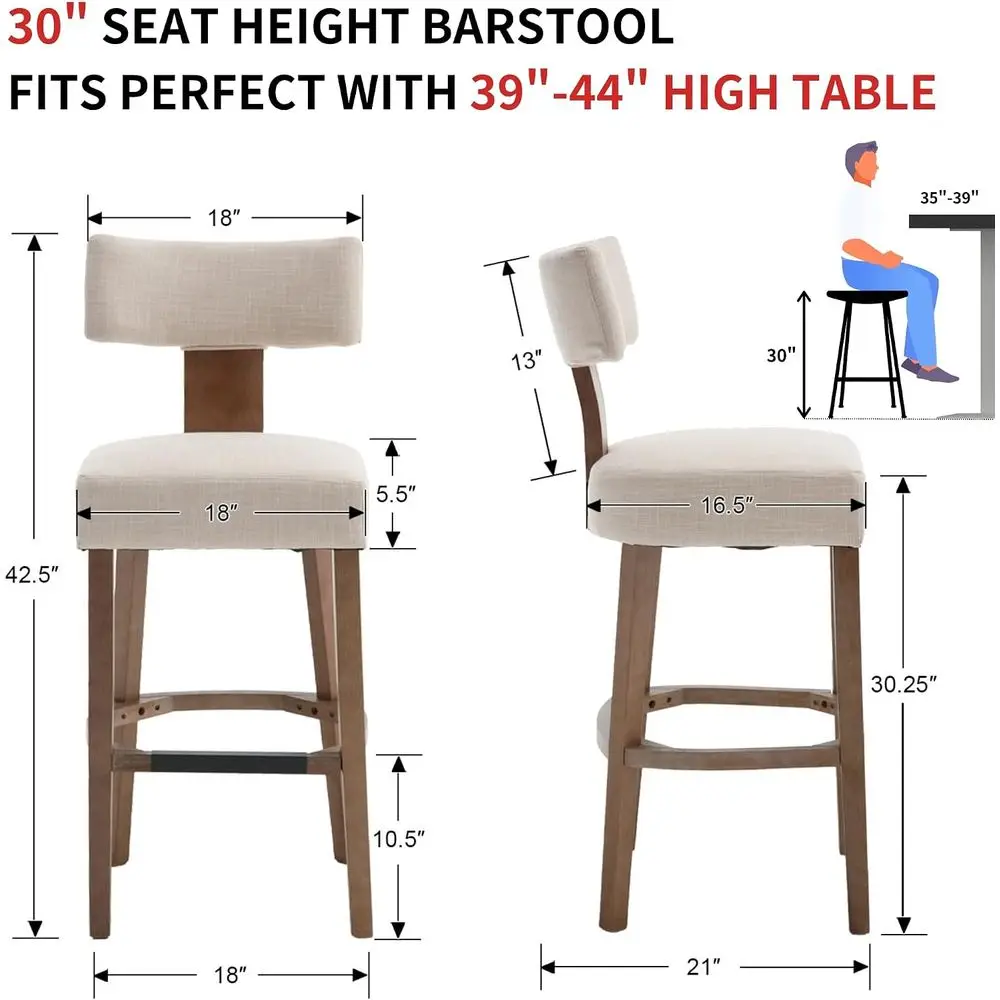 Set of 4 Counter Height Bar Stools with Backrest and Solid Wood Legs, Beige Upholstered Kitchen Island Chairs for Countertop Sea