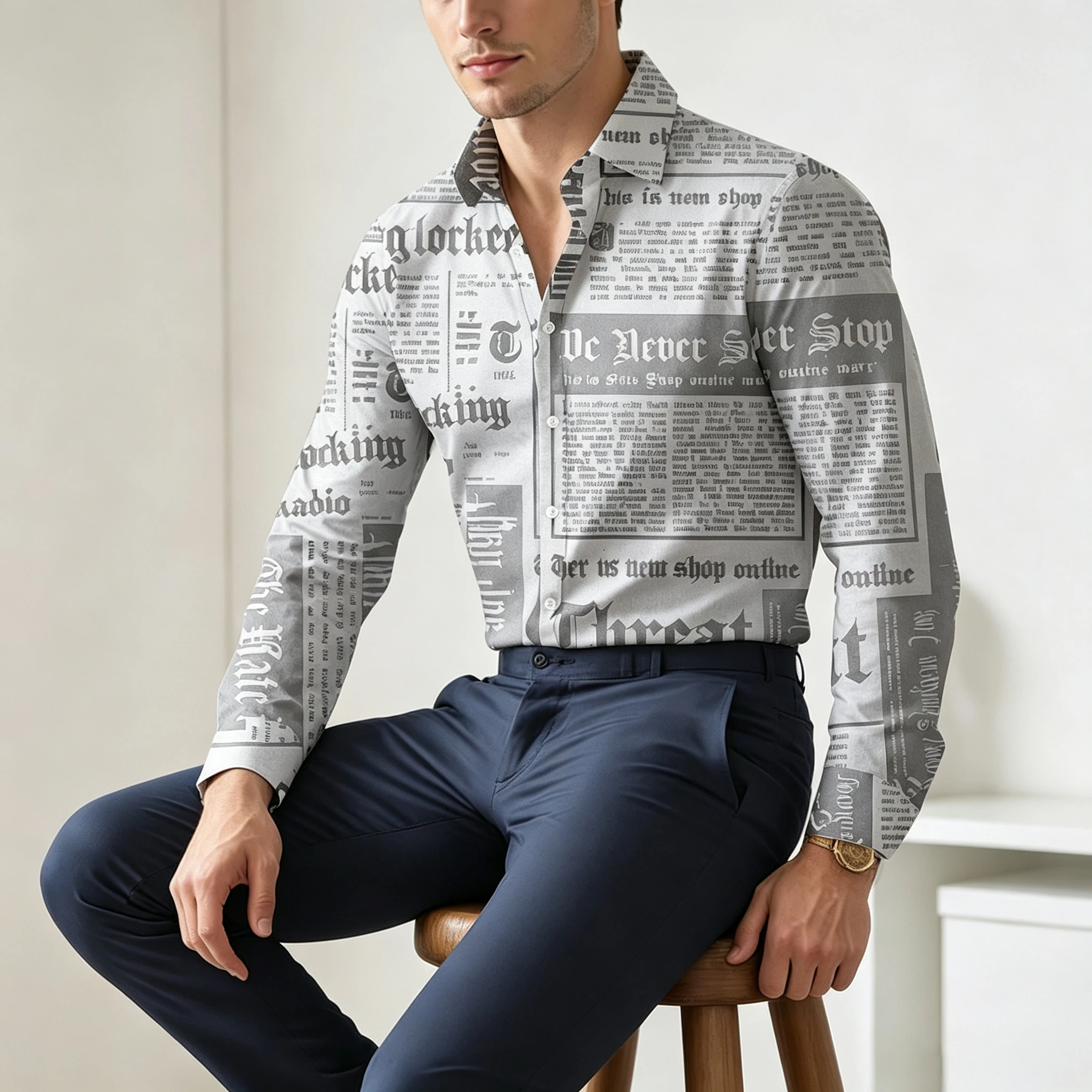 Gothic Font Newspaper Print Men's Long Sleeve Shirt - Commute, Date, and Versatile Trendy Top