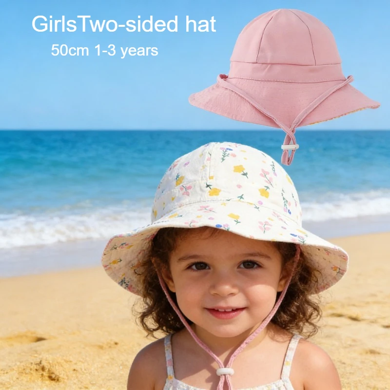 Toddler Baby Hats 50cm for Girls Summer Spring Baby Cotton Bucket Infant Fisherman Cap Cute Sun Protection with Flap Reversible