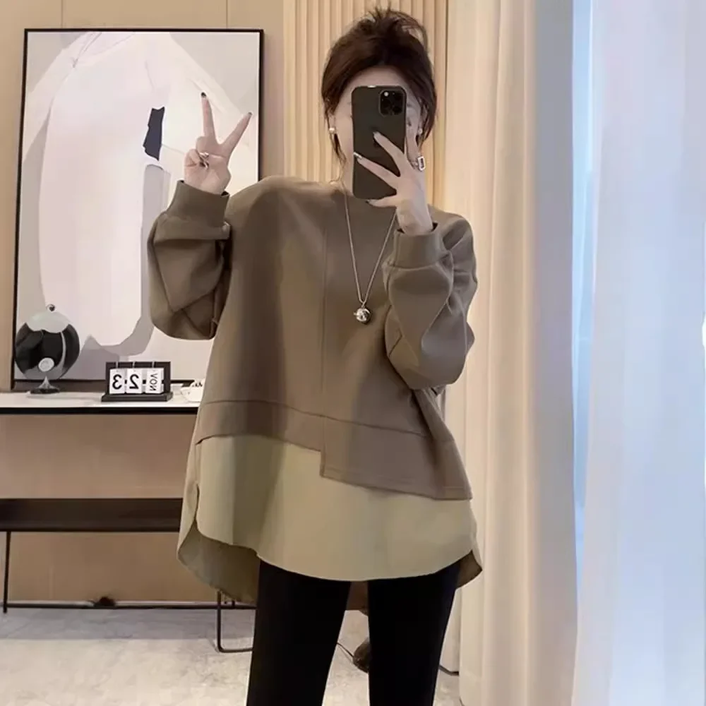 

plus size Women's Autumn Mid-length Fake Two-piece Belly-covering Slimming Sweatshirt Women's Loose Top sweatshirt