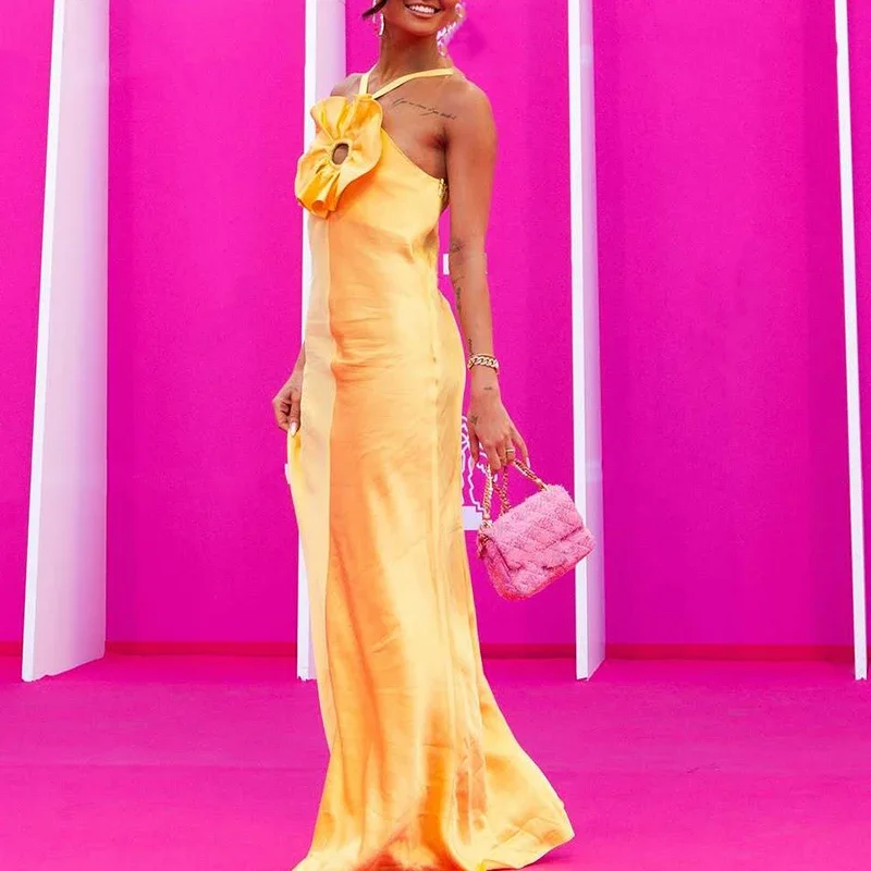 Luxury Satin Sleeveless Backless Gala Dress Elegant Lady Solid Color 3D Chest Floral Party Dress Fashion Hollow Out Halter Dress