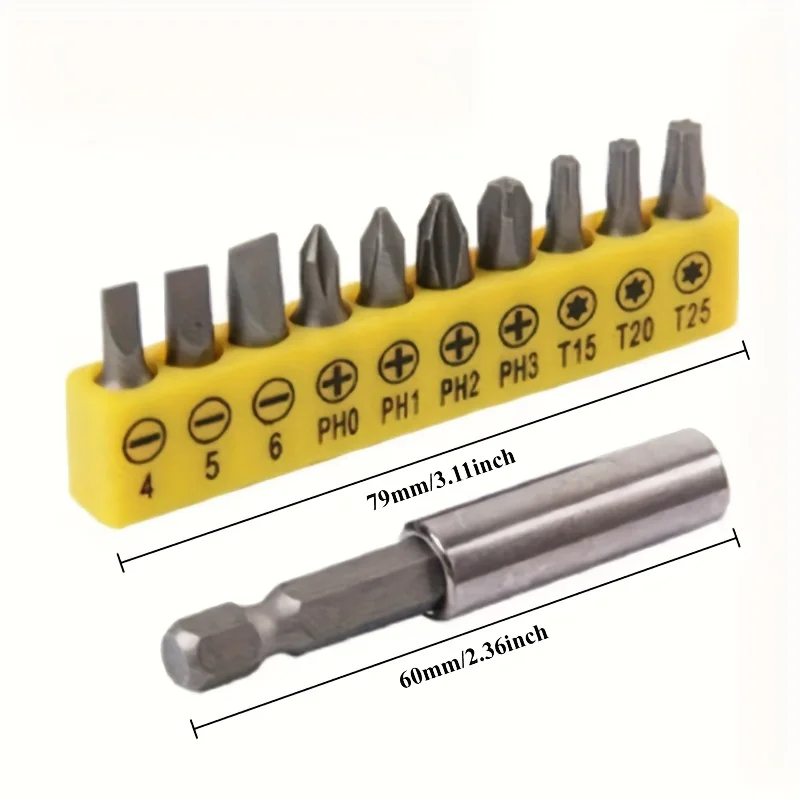 10pc Rubber Strip Cross Screwdriver Head Bit 60mm Conversion Extension Rod Woodworking Power Tool Set
