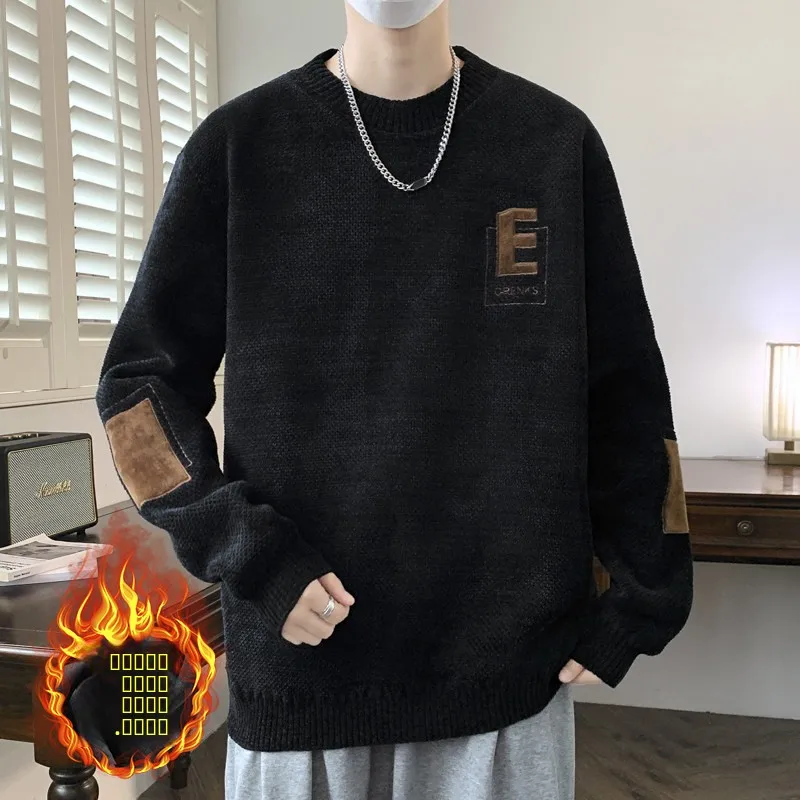 

Мужской вязаный свитер с флисовой подкладкой, круглым вырезом, длинными рукавами, теплый повседневный топ из полиэфирного волокна, зимняя модная базовая кофта