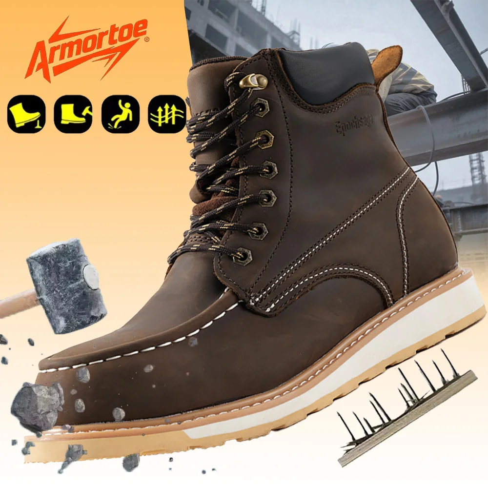 

ArmorToe Waterproof Steel Toe Work Boots Men Anti-Impact Puncture Proof High Top EVA Rubber Sole Industrial #Armor2775