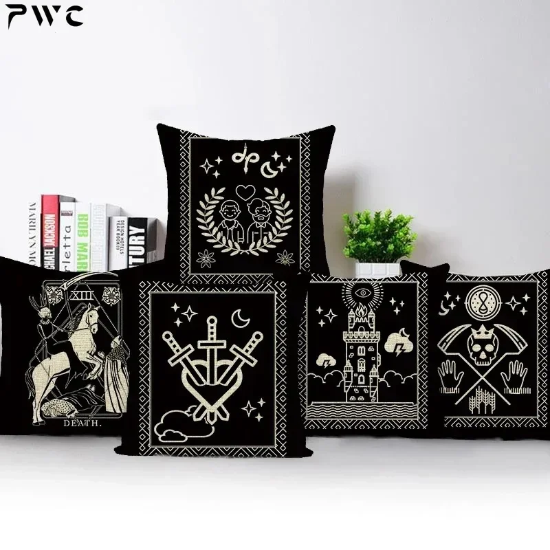 Horror Tarot Cushions Cover Bone Stand Decorative CushionCovers Print Linen Pillows Black and White Portrait Pillows Cases Cojin