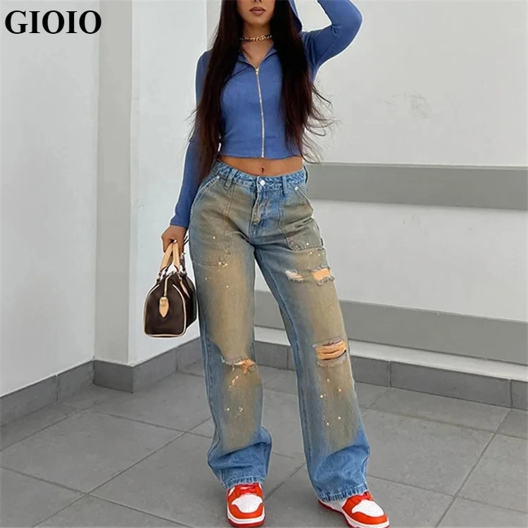 

GIOIO Straight Ripped Jeans For Women New Street High Waist Wide Leg Denim Long Pants Female Harajuku Loose Pockets Trousers