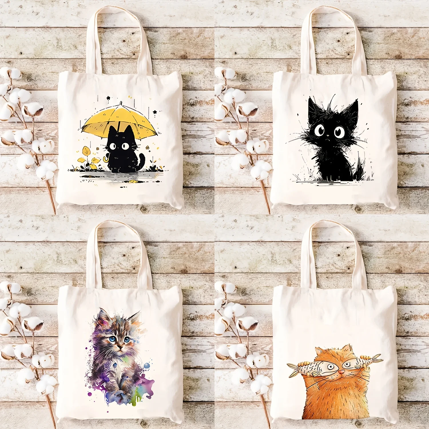1pc, Cute Cat Pattern Canvas Bag Tote Bag, Reusable Grocery Shopping Bag, Multi-Functional And High-Capacity Double-Sided Printe