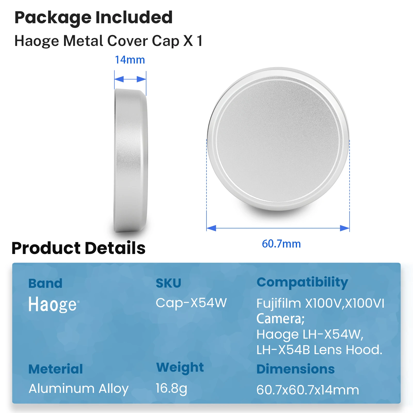Haoge Cap-X54W Metal Lens Cap for Fujifilm Fuji X100VI X100V Camera Silver Compatible With Haoge LH-X54W Lens Hood