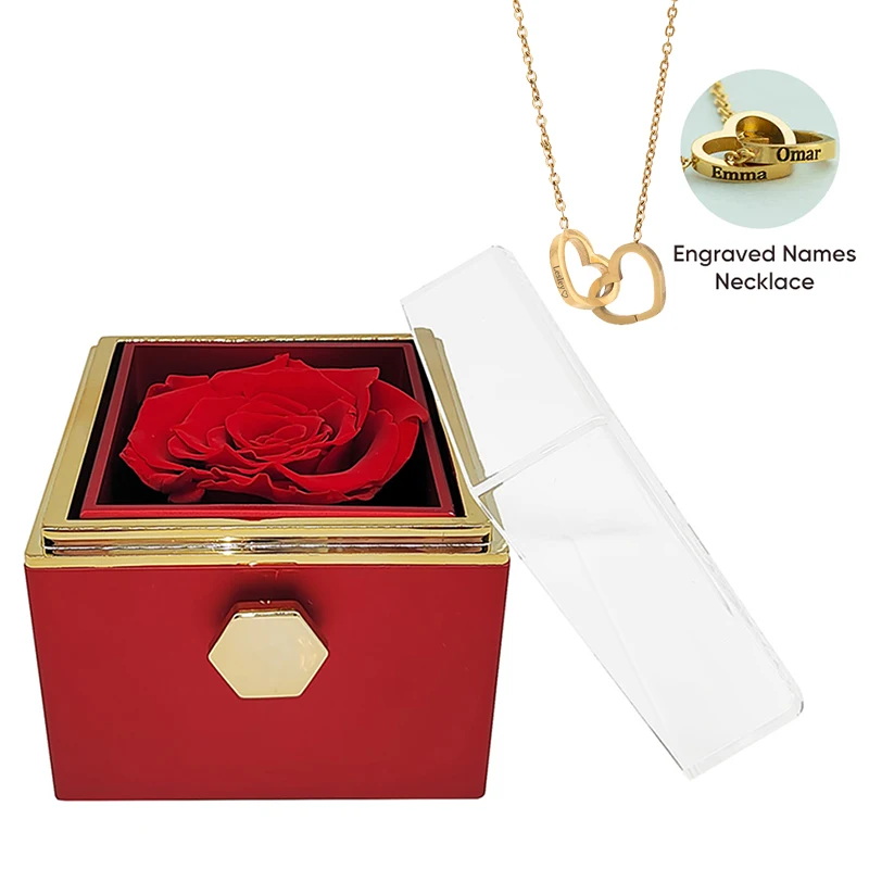 

Rotating eternal rose engraved necklace valentines mother day gift box Engraved Interlocking Heart Necklace Eternal Rose Box