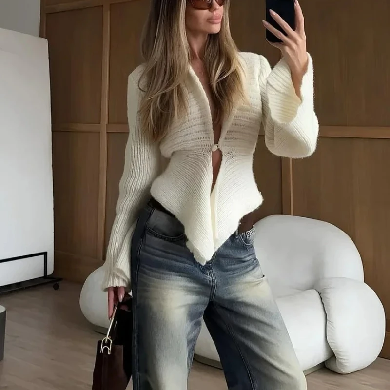 

Трикотаж, женский кардиган, топ, белый винтажный вязаный свитер, кардиган для женщин, свободный элегантный осень 2025 г.