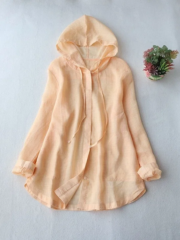 Léger ample Long Sve lin irt décontracté printemps été femmes haut respirant climatisation vêtements d'extérieur chapeau conception