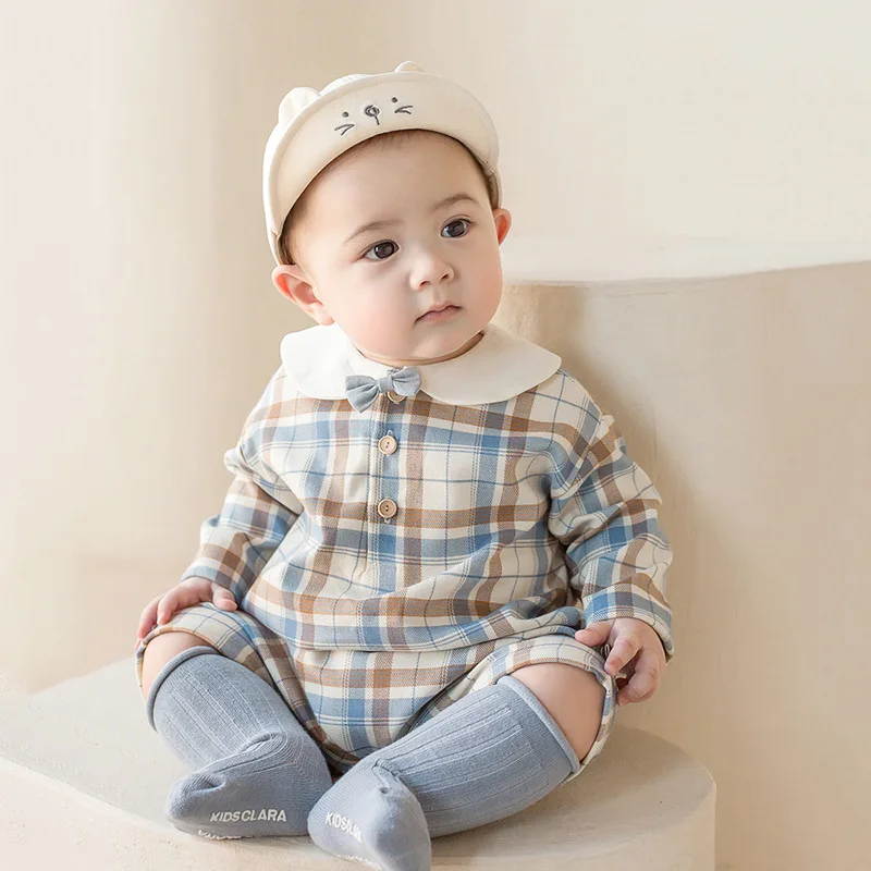 

Spring Boys Korean Style Long Sleeve Plaid Bow Tie Bodysuit Infant Romper Jumpsuit Baby Boys Clothes 0-24 Months Birthday Outfit