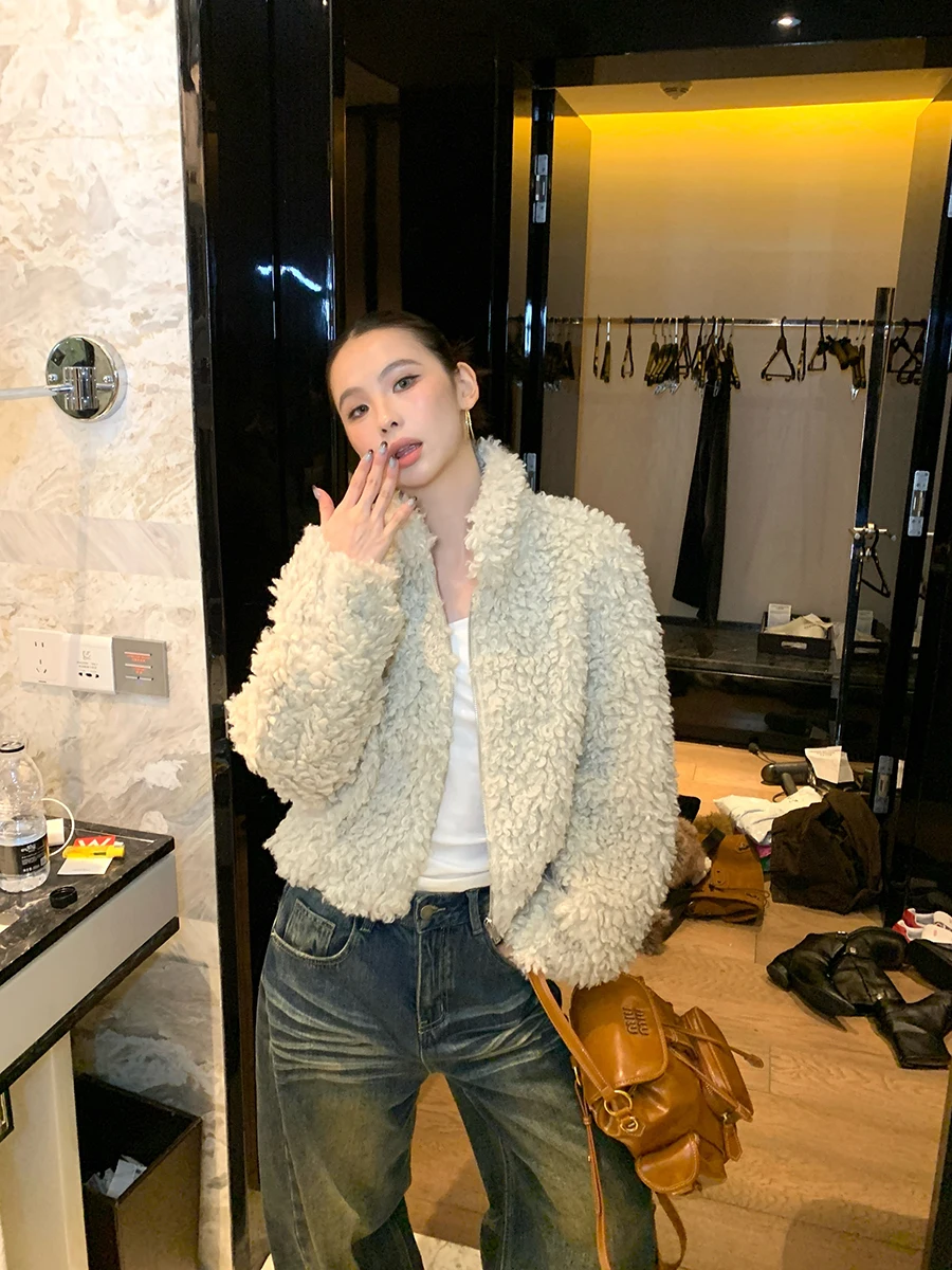 

Chic Lamb Fur ort Jaet Women's Sli Warm Winter Coat Cool Sle Stand Fit Inner Fur Long Sve ort Length
