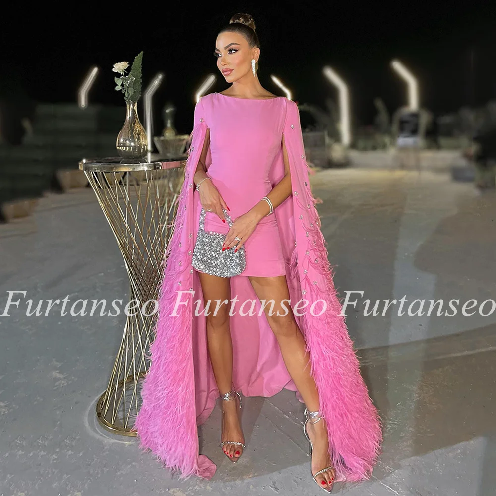 Luxury Short Prom Dress with Feathers Cape Scoop Neck Crystals Mini Cocktail Party Gown Saudi Arabian Evening Dresses Pageant