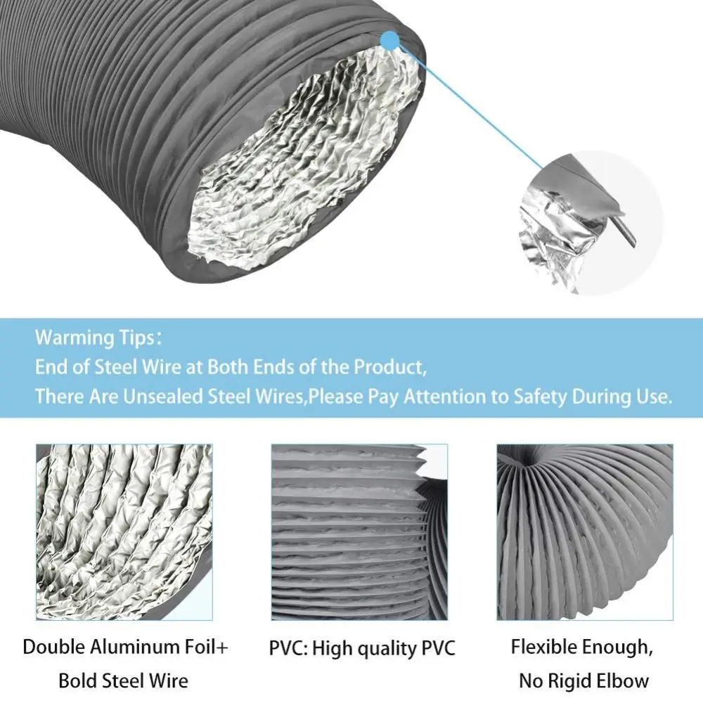 4 inch Dryer Vent Hose with 2 Stainless Steel Clamp Aluminum Foil Air Ducting Grey 6 Layer Protection Exhaust Pipe Ventilation