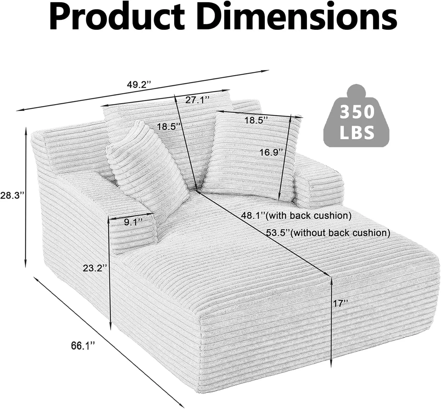 거실 침실용 대형 긴 의자, 편안한 베개 3개 포함, 넓은 팔걸이 코듀로이 원단 고밀도