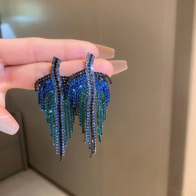 Full Rhinestone Long Tassel Earrings Women Blue Color Fashion Geometric Drop Earring Statement Accessories Party Gifts