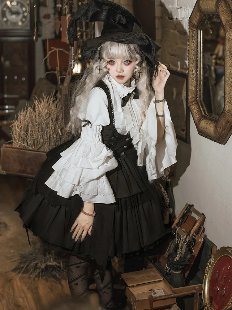 Elegancka Lolita Halloween Cos Magiczna Dziewczyna Goth Codzienna Wiosna Jesień Czarna Sukienka na Ramiączkach Biała Rozkloszowana Koszula z Nieregularnym Krojem