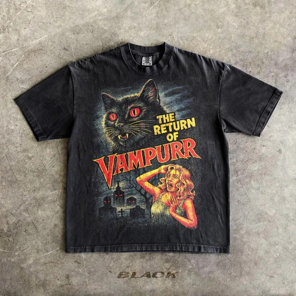 Halloween-Katzen-T-Shirt, gemustertes T-Shirt im Retro-Stil der 90er Jahre, neues Unisex-T-Shirt für den Sommer, lässig und modisch – Detail 4